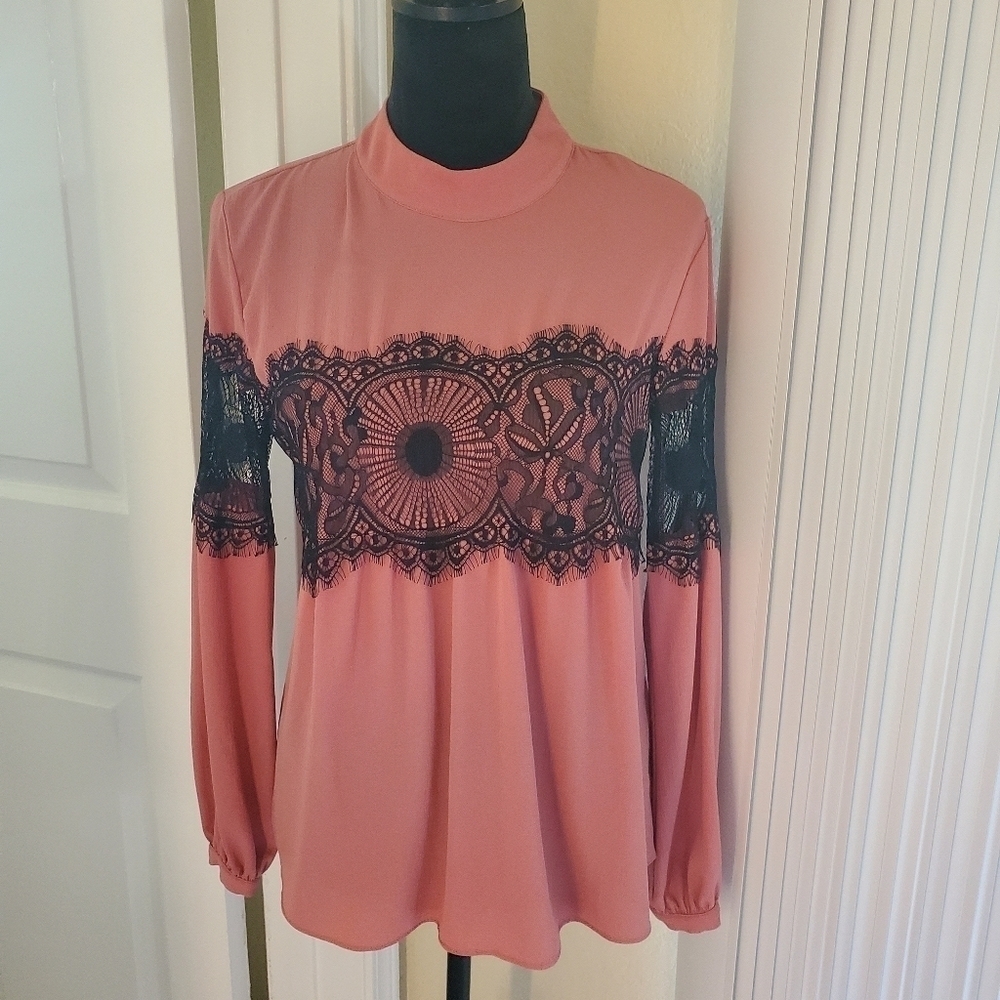 New York & Company Coral Blouse with Black Lace